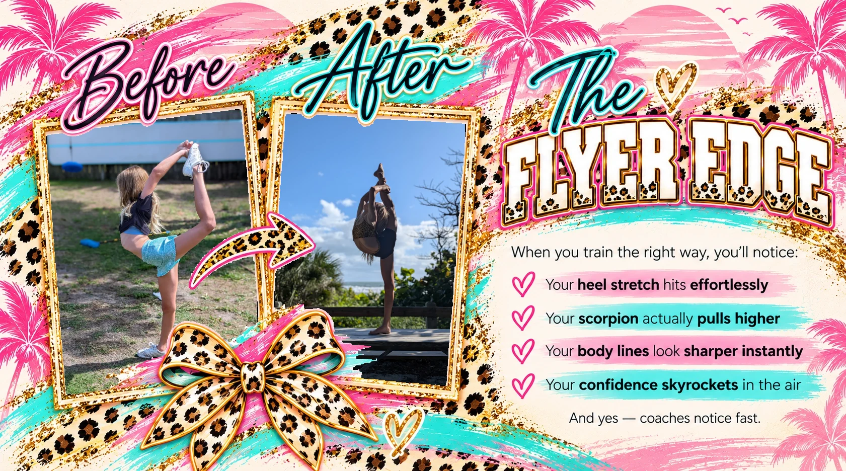 Before and after: Kinsley's scorpion on the grass and her needle on the picnic table by the beach, with The Flyer Edge benefits