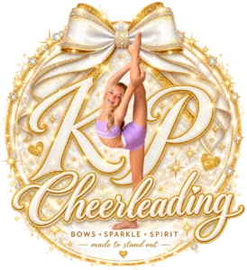 KP Cheerleading logo: Kinsley in a heel stretch inside a gold bow wreath